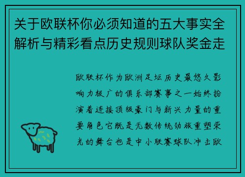 关于欧联杯你必须知道的五大事实全解析与精彩看点历史规则球队奖金走势