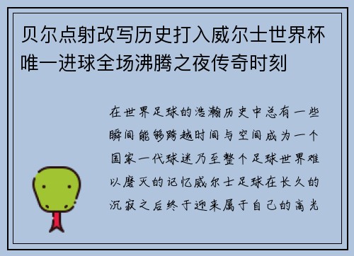 贝尔点射改写历史打入威尔士世界杯唯一进球全场沸腾之夜传奇时刻